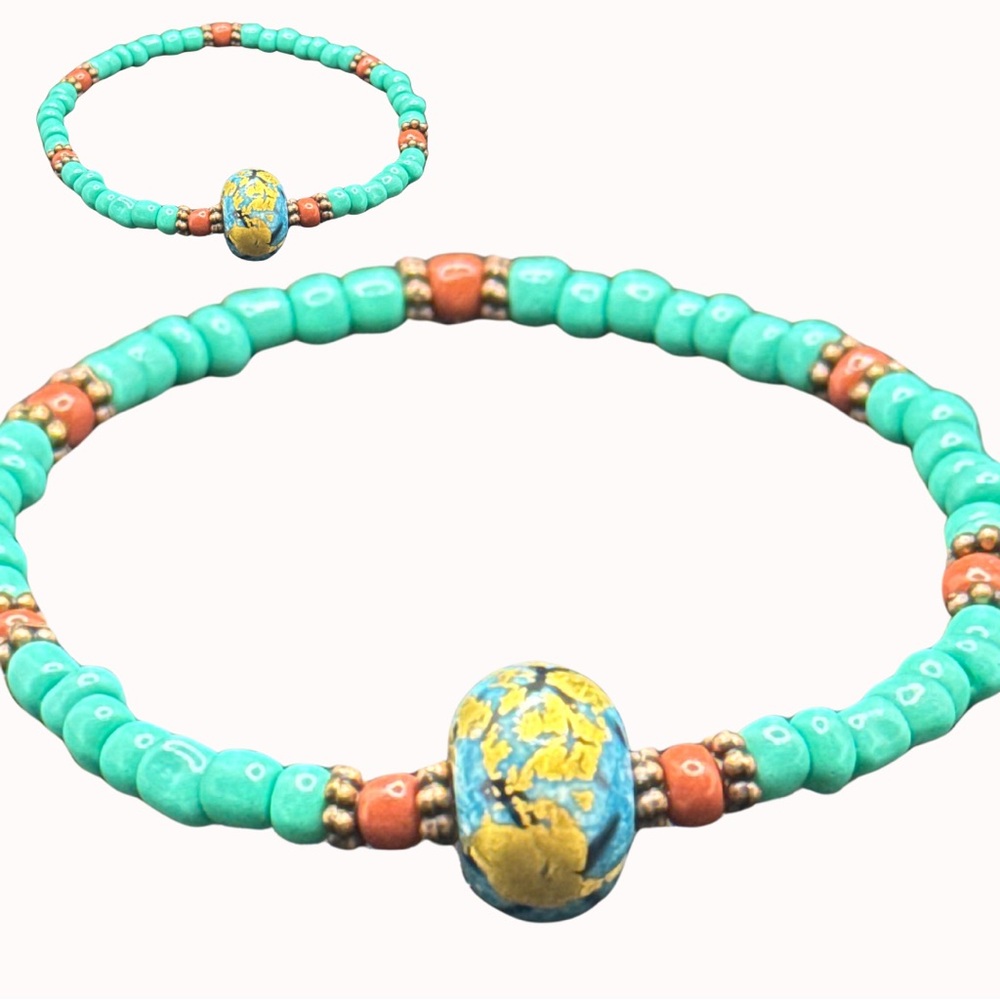 Boho Chic StretchBracelet Lampwork Glass Natural Gemstones High Quality Handmade
